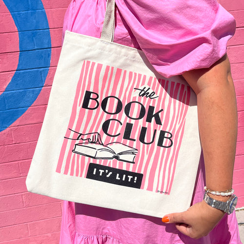 Canvas tote bag with pink and black Book Club design