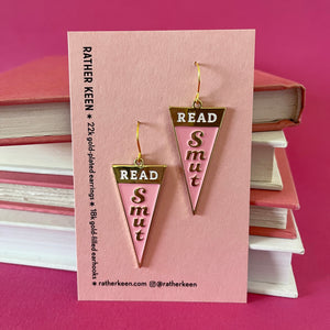 Gold and pink triangle Read Smut earrings for romance novel lovers