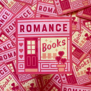 Romance bookshop vinyl sticker - square design that looks like the pink storefront of a bookshop