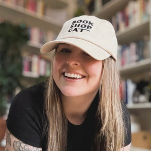 Jenny wearing the Book Shop Cat hat