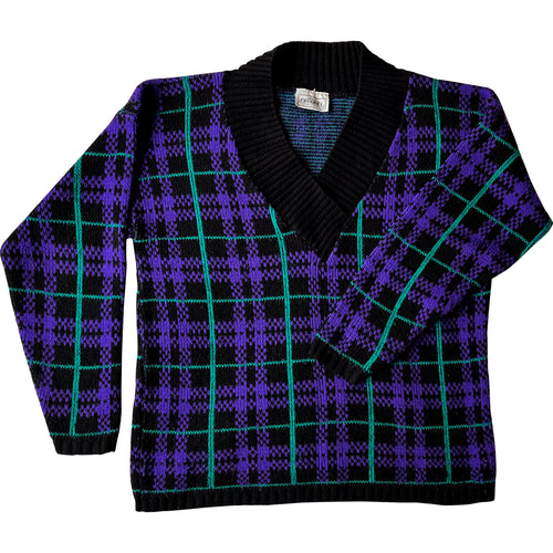 Croquet Club black purple green plaid sweater - Large