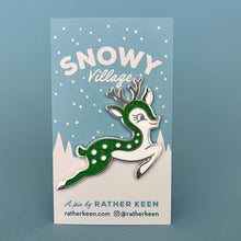 Green mid-century style Christmas deer enamel pin On display card