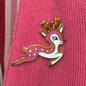 Pink mid-century style Christmas deer enamel pin