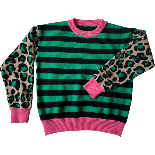Colorful stripe & leopard spot sweater - medium