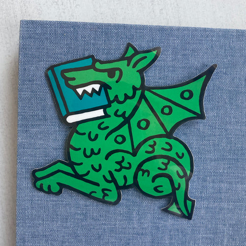 Book dragon vinyl sticker - a Medieval manuscript style illustration of a dragon eating a book