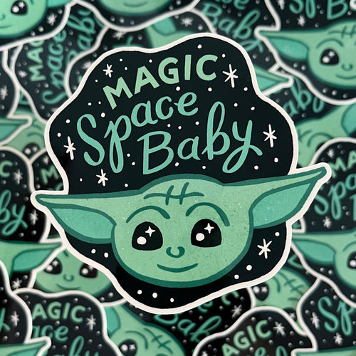 Vinyl sticker of fan art illustration of baby Yoda with the hand-lettered title 