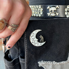 Vintage style moon and cat pin on black bag