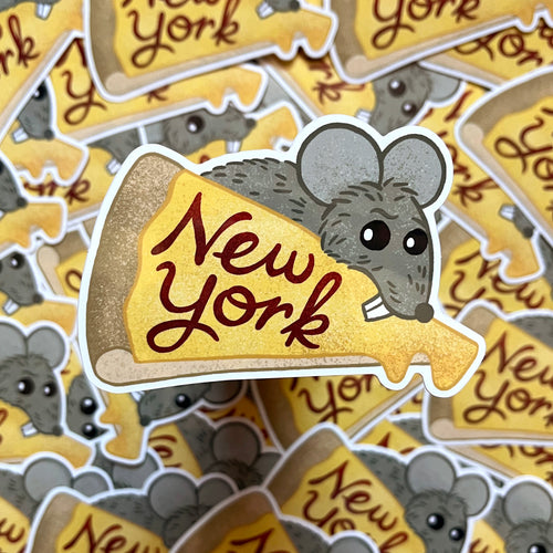 New York City pizza rat sticker - cartoon rat holding pizza slice with the words 