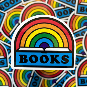 Rainbow Books vinyl sticker - features a rainbow arcing over a drawing of a book with the word BOOKS below