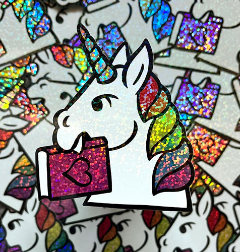 Sparkly unicorn with book vinyl sticker