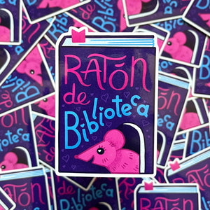 vinyl sticker -  illustration of a mouse peeking out of a book with the words "Raton de Biblioteca" as the title of the book