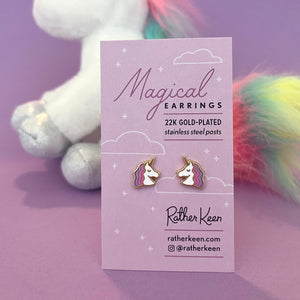 Magical unicorn earrings by Rather Keen on display card