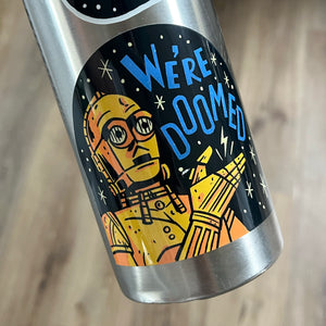 We're Doomed sticker on bottle