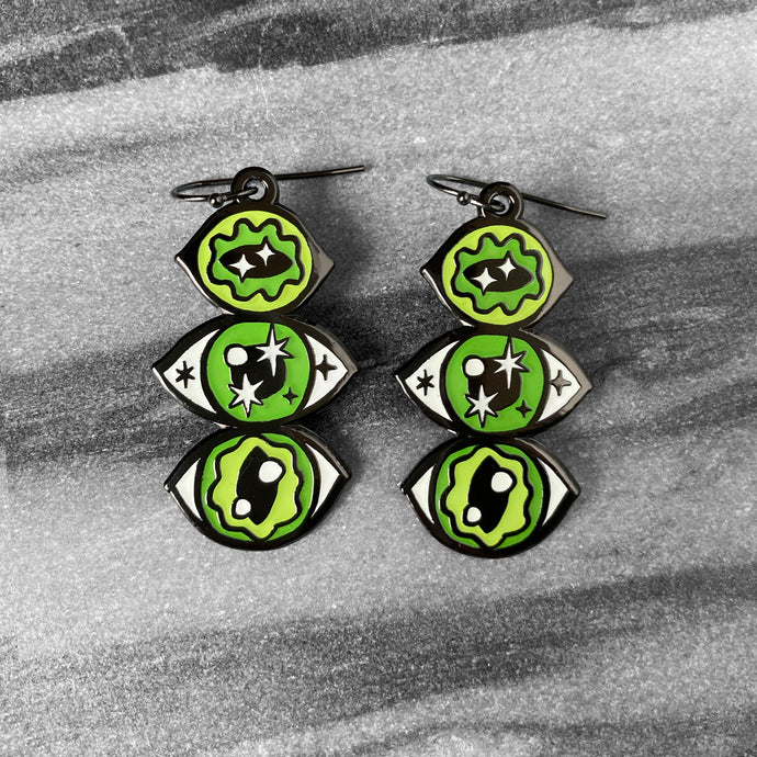 Green Creepy Eyes dangle earrings - 3 stacked monster eyes in black metal and green enamel