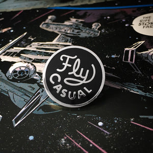 Fly Casual enamel pin by Rather Keen - Han Solo quote within a circle shape