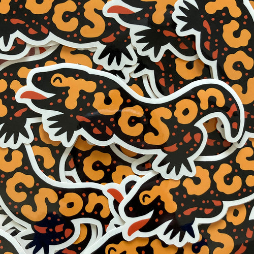 Vinyl sticker Gila monster art with Tucson illustrated on the lizard