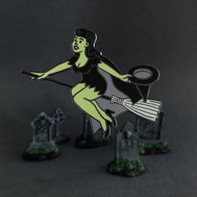 Pinup Witch enamel pin by Rather Keen - a cartoon style witch riding her broom