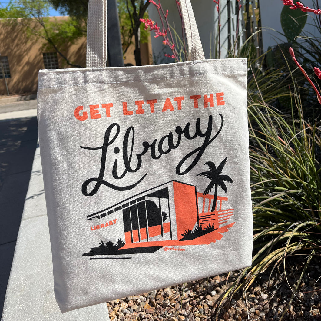 Rather Keen’s Get Lit at the Library tote bag featuring library building illustration