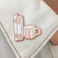 Rose Gold and White Books and Mug enamel pin by Rather Keen