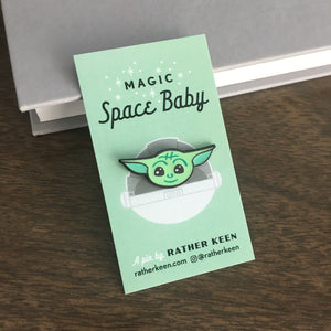 Baby Yoda inspired enamel lapel pin on display card