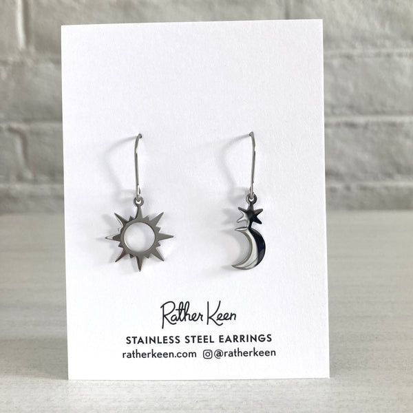 Steel Moon Star & Sunburst earrings